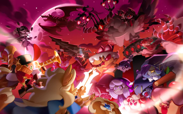 HD PC desktop wallpaper featuring vibrant characters from the video game COOKIE RUN: KINGDOM in an intense, dynamic battle scene under a glowing red moon.