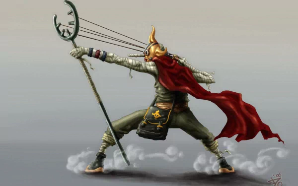 HD desktop wallpaper featuring Usopp from One Piece. The anime character is striking a dynamic pose with a slingshot and red cape billowing, set against a minimalist background.