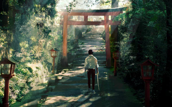 HD PC desktop wallpaper featuring Yuta Okkotsu from Jujutsu Kaisen 0 standing on a forest path leading through a traditional Japanese torii gate.