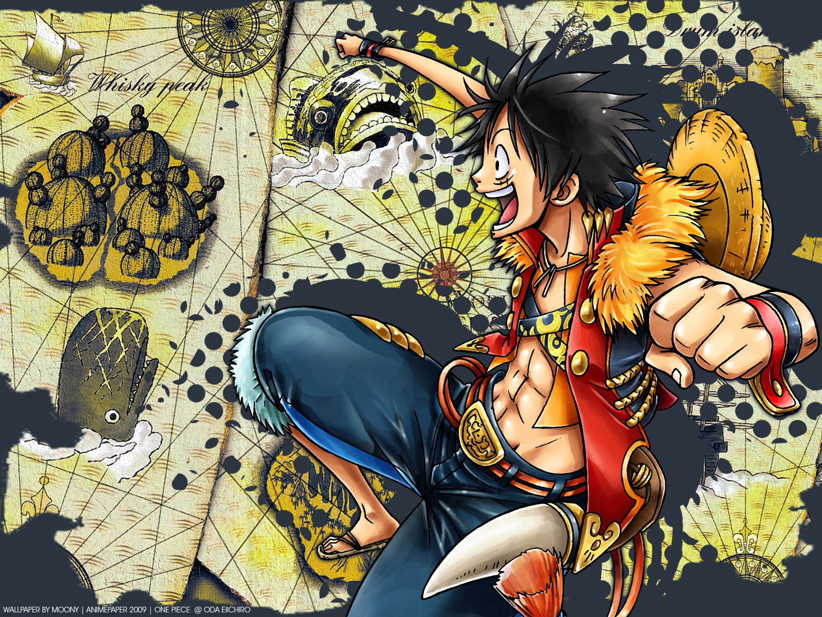 Colorful One Piece map featuring Monkey D. Luffy from the popular anime series.