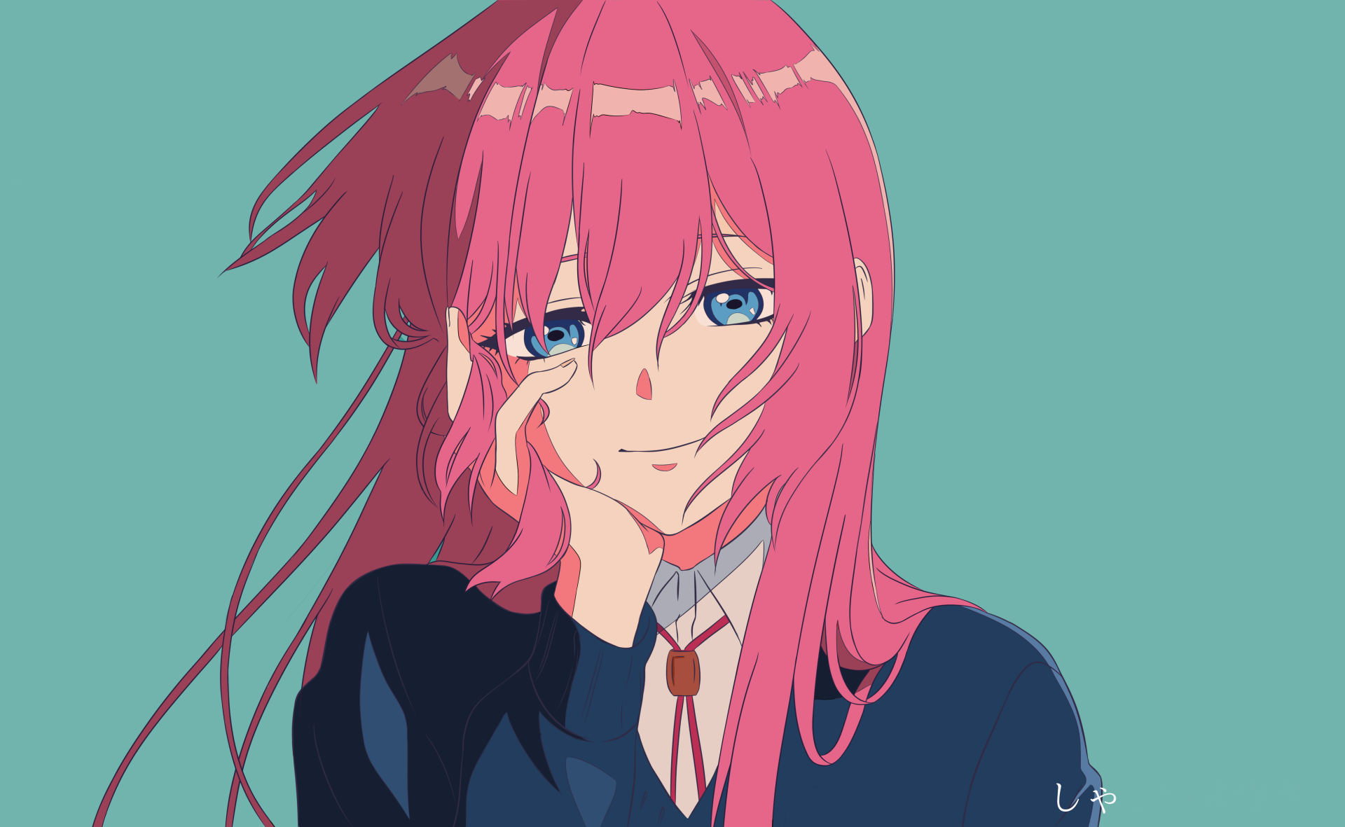 4K Ultra HD anime wallpaper featuring Micchon Shikimori from Shikimori's Not Just a Cutie, with pink hair and a thoughtful expression against a teal background.