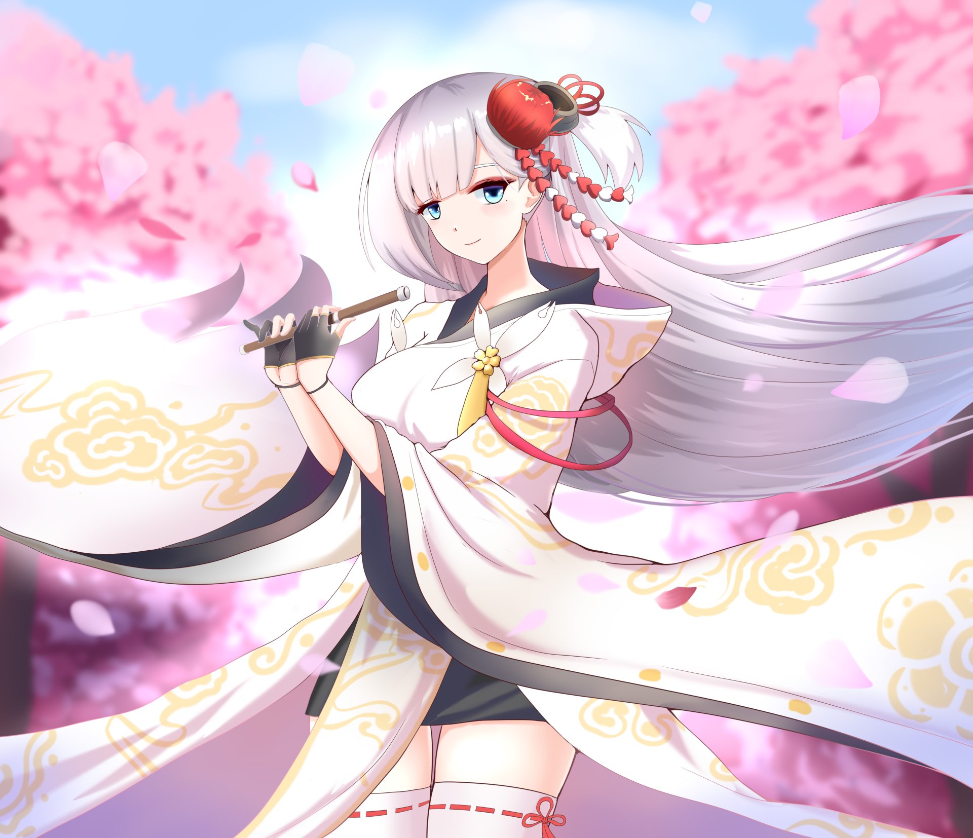 Shoukaku (Azur Lane) in a flowing white kimono, long silver hair and holding a fan amid pink cherry blossoms, 4K Ultra HD anime PC desktop wallpaper.