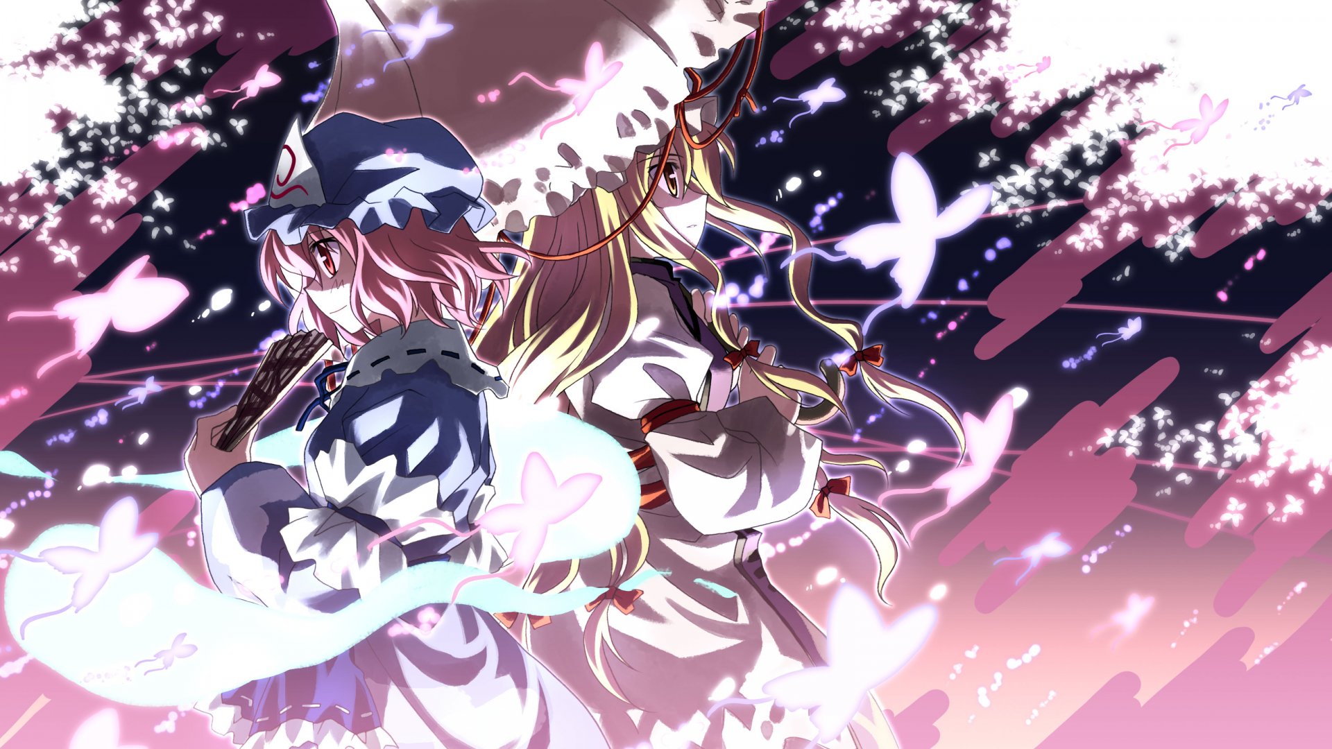 A vibrant HD desktop wallpaper featuring Yukari Yakumo and Yuyuko Saigyouji from the anime Touhou, surrounded by ethereal butterflies in a dreamy, colorful background.