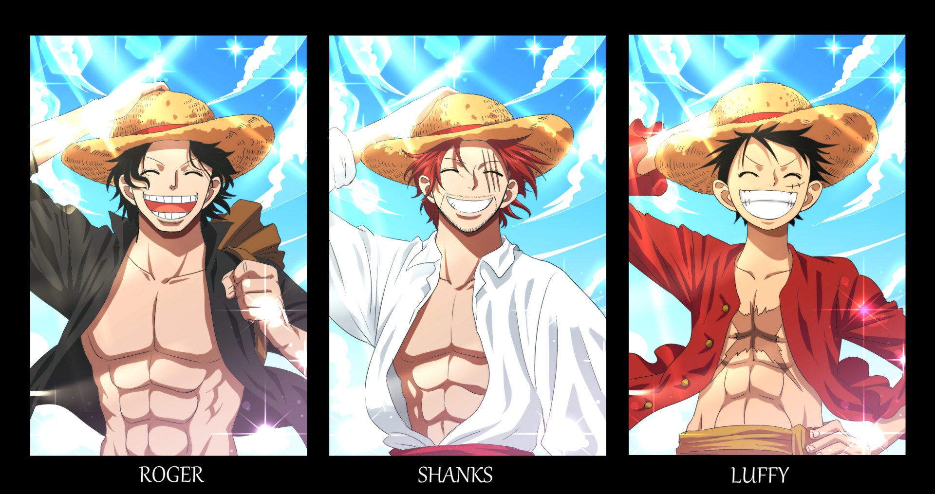 HD PC desktop wallpaper/background featuring anime One Piece trio: Gol D. Roger, Shanks and Monkey D. Luffy smiling with straw hats against a bright blue sky.