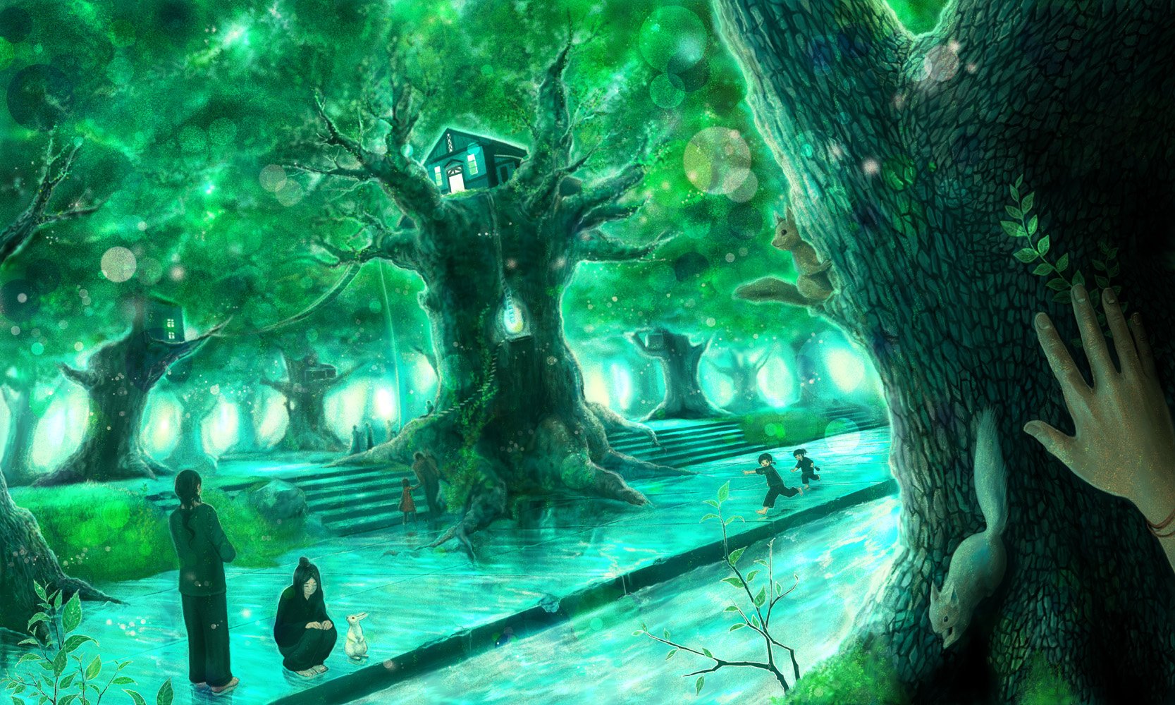 Anime-style HD PC desktop wallpaper featuring a glowing forest with large, ancient trees, a treehouse, and several figures amid an ethereal green atmosphere.