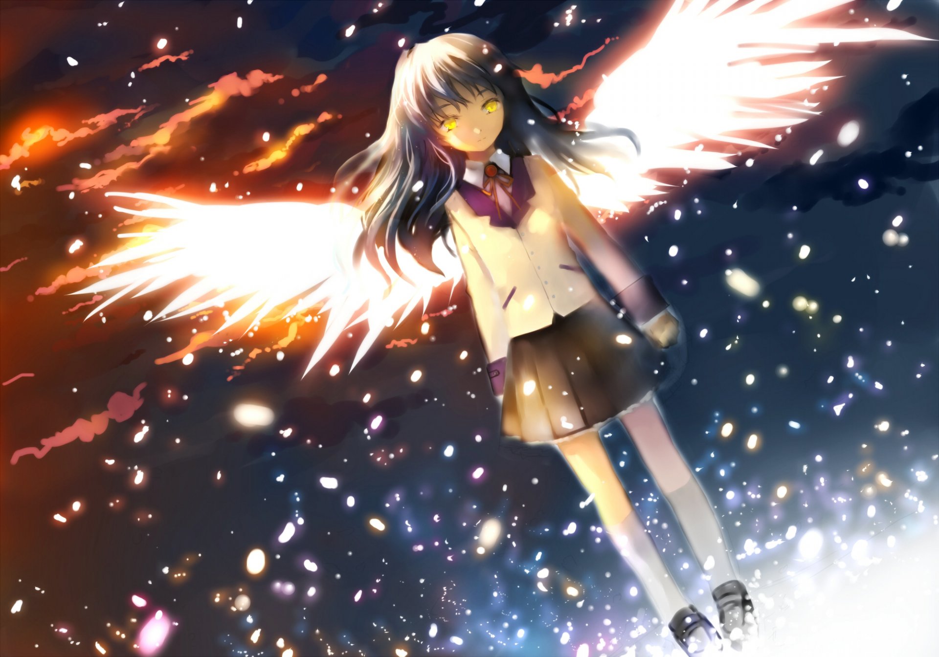 HD anime desktop wallpaper featuring Kanade Tachibana from Angel Beats!, depicted with glowing angel wings against a vibrant, starry sky background.