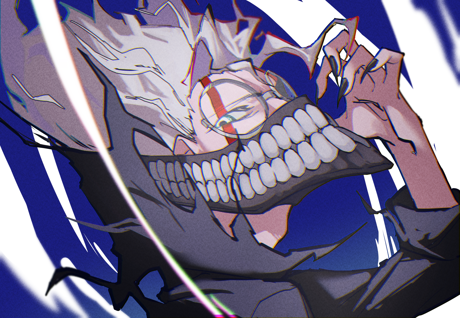 4K Ultra HD anime wallpaper featuring a dynamic character from Dandadan, inspired by Ken Takakura’s style with a striking skeletal mask and intense expression.