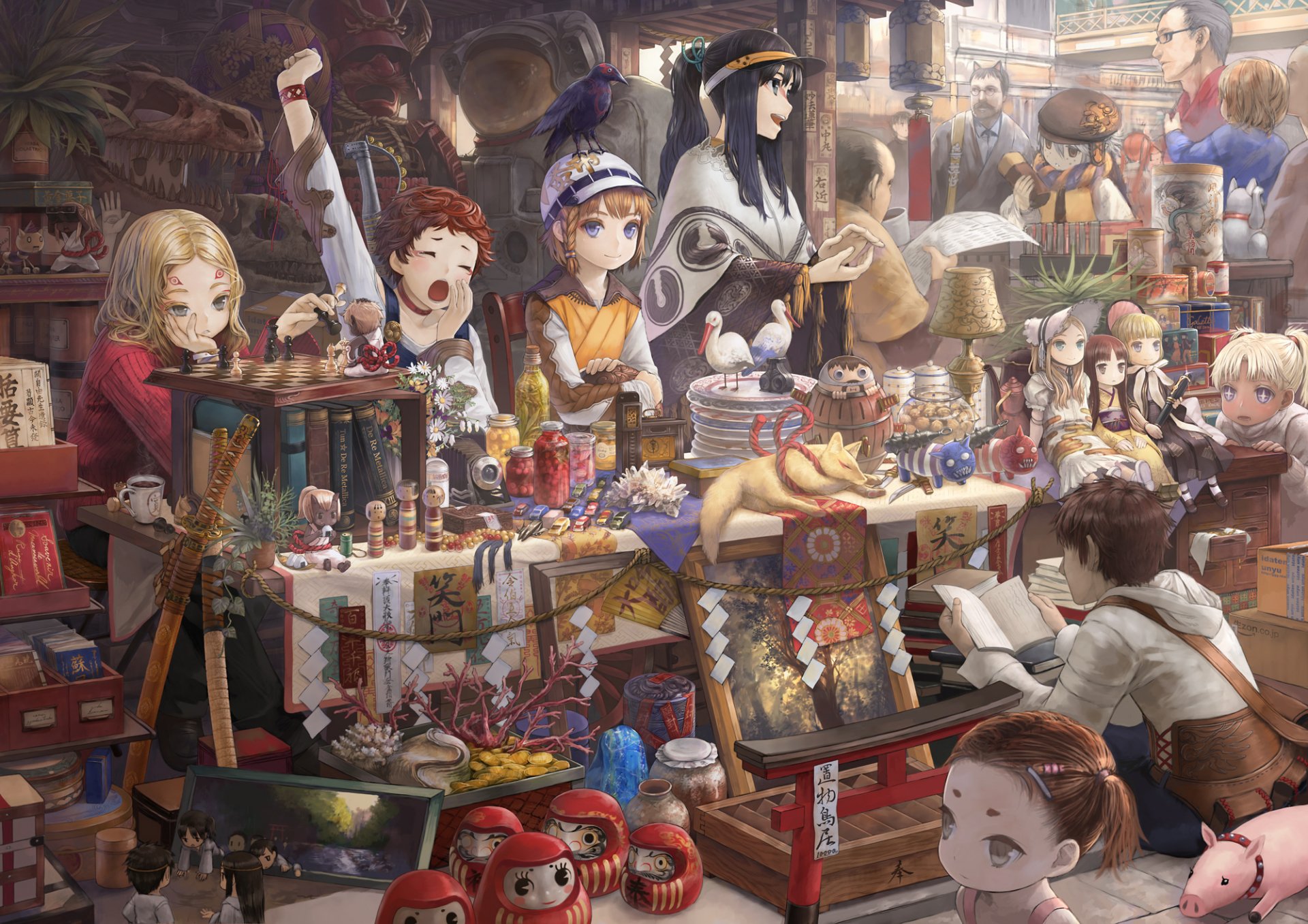 A vibrant anime scene filled with characters interacting among a bustling marketplace, surrounded by colorful goods, creating an immersive HD desktop wallpaper and background.
