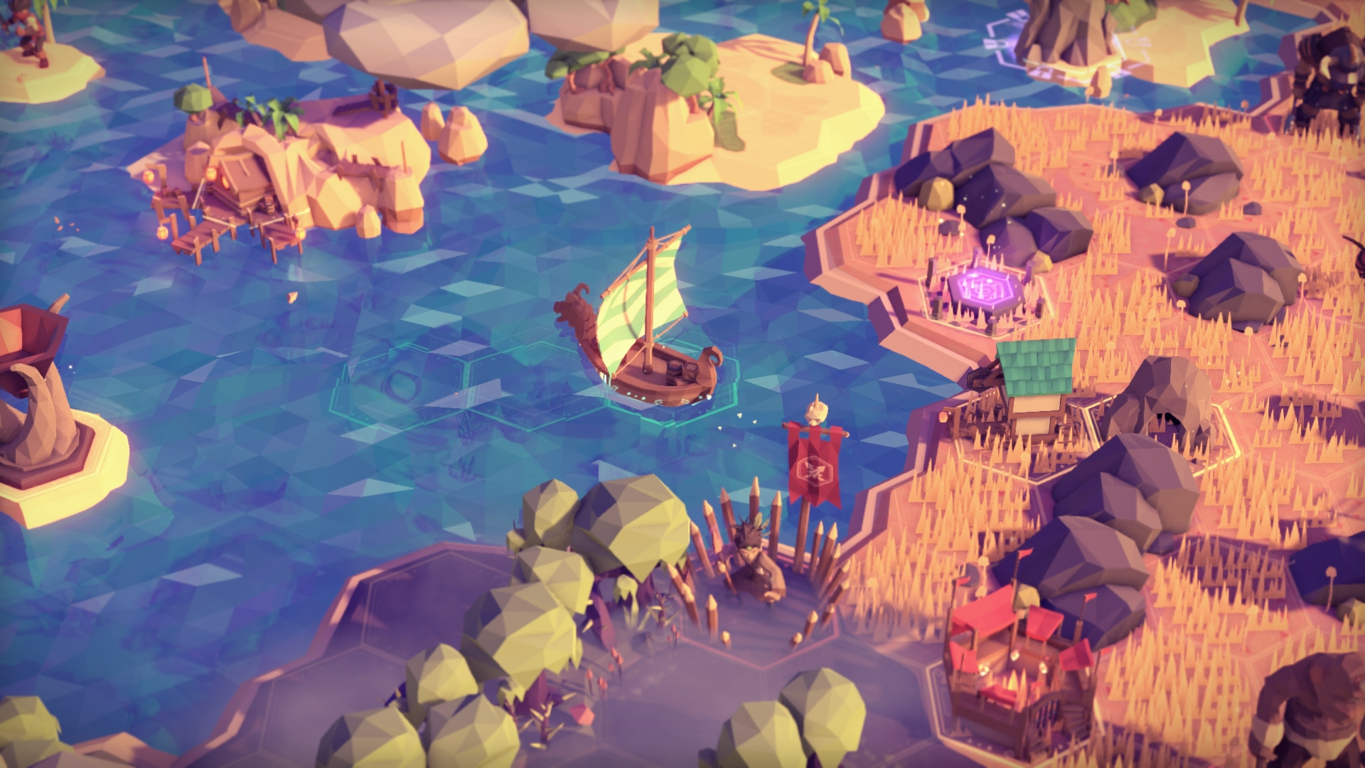 HD wallpaper featuring 'For The King' game with stylized landscape, sailing boat, and fantasy settlements.