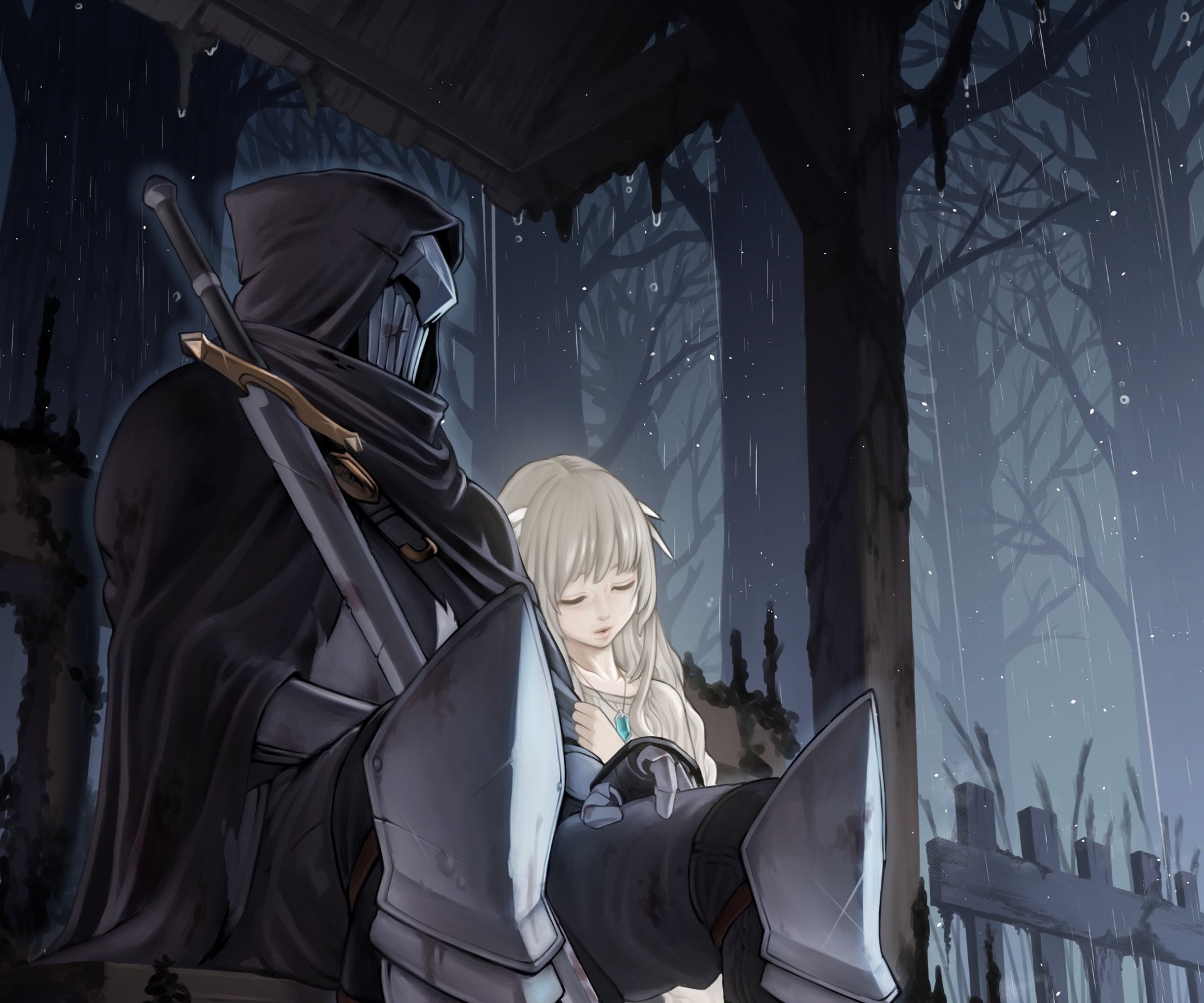 HD PC desktop wallpaper of Umbral Knight and Lily from the video game ENDER LILIES: Quietus of the Knights — a hooded knight watching over the sleeping girl in a snowy, moonlit graveyard.