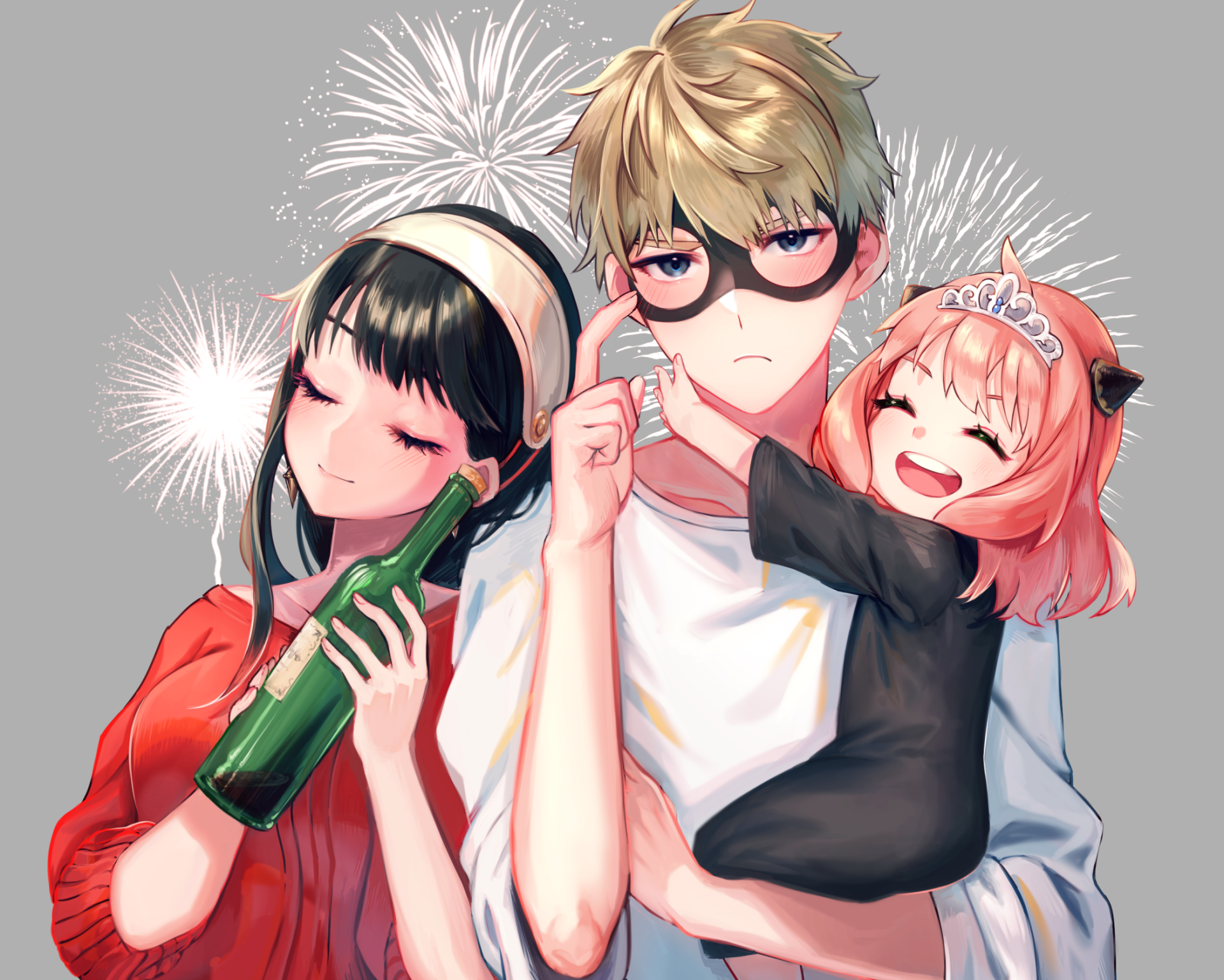 HD desktop wallpaper of Anya, Yor, and Loid Forger from the anime Spy x Family, showcasing the family in a playful and vibrant style.