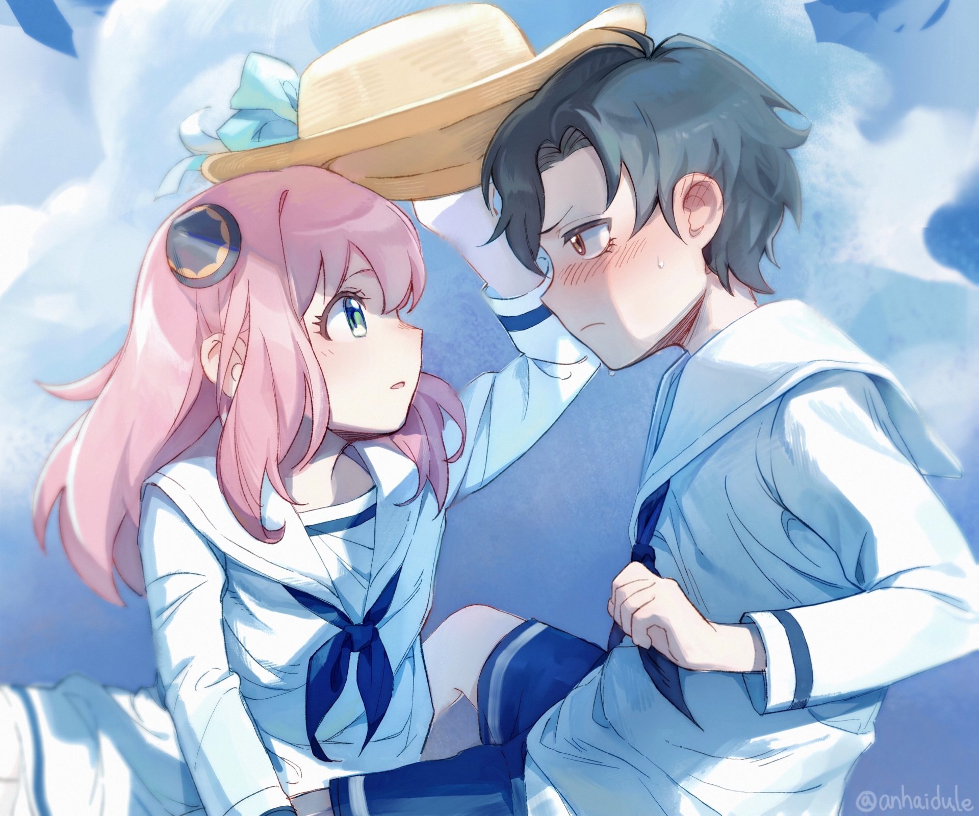 Anime Spy x Family 2K desktop wallpaper: Damian Desmond shyly holding a hat over blushing Anya Forger as they face each other in sailor school uniforms under a blue sky.