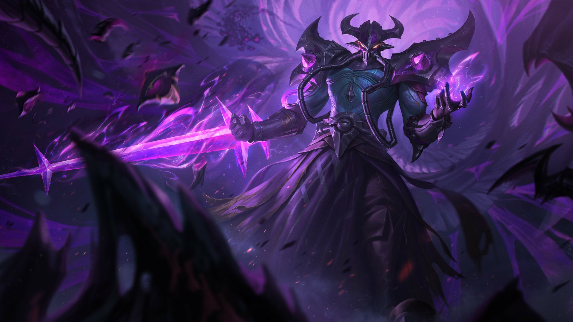 Kassadin (League of Legends) shrouded in purple void energy, wielding a glowing blade — 4K Ultra HD PC desktop video game wallpaper.