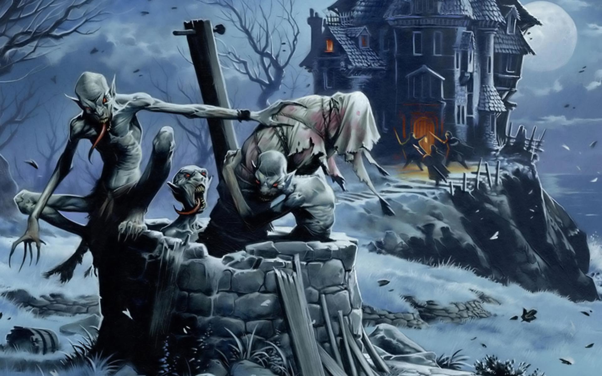 A dark, atmospheric wallpaper featuring monstrous creatures emerging from a well, set against a sinister mansion under a full moon, creating a haunting and eerie scene.