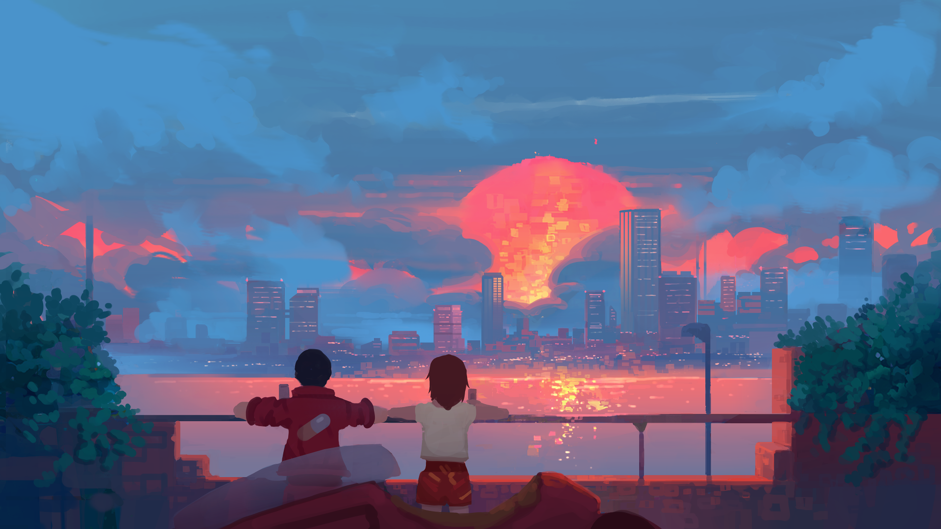 Two anime characters sit on a waterfront rail, watching a massive fiery sunset over a futuristic cityscape and sea — Akira-style anime sunset, 4K Ultra HD PC desktop wallpaper.