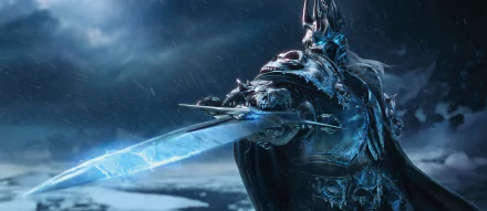 4K Ultra HD desktop wallpaper featuring the Lich King from the video game World of Warcraft: Wrath of the Lich King, wielding a glowing frost-covered sword in a dark, icy setting.