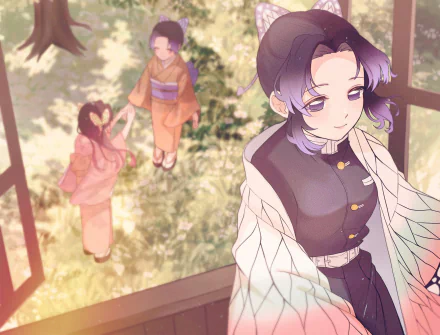 HD PC desktop wallpaper featuring Shinobu Kochou from the anime Demon Slayer: Kimetsu no Yaiba, depicted with a serene expression and soft, pastel tones.