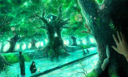 Anime-style HD PC desktop wallpaper featuring a glowing forest with large, ancient trees, a treehouse, and several figures amid an ethereal green atmosphere.