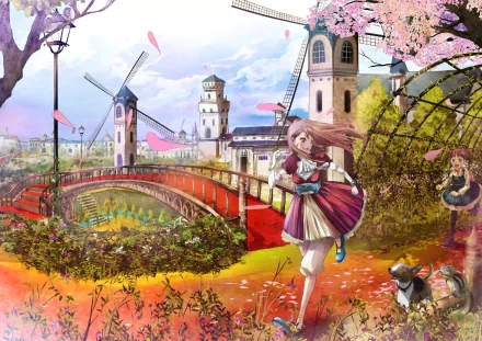 A vibrant anime scene depicting a girl in a colorful dress running through a spring landscape filled with cherry blossoms and a dog, set against whimsical windmills and lush gardens.