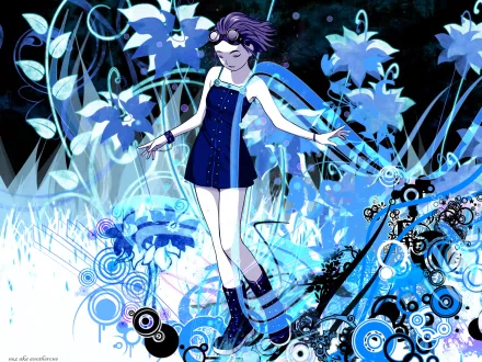 Anime HD desktop wallpaper by Range Murata: blue-toned illustration of a girl in a short dress and boots, surrounded by abstract flowers and swirling geometric patterns.