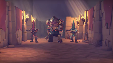 HD desktop wallpaper depicting characters from the game 'For The King' in a dimly lit dungeon corridor.