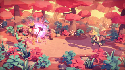 HD desktop wallpaper featuring a vibrant scene from the game For The King with characters and stylized mushrooms.