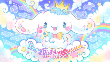 HD desktop wallpaper depicting Cinnamoroll from Sanrio celebrating a birthday, surrounded by colorful stars, rainbows, and clouds with whimsical patterns. Happy Birthday Cinnamoroll is written below.
