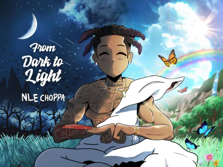 HD PC desktop wallpaper featuring animated NLE Choppa meditating outdoors at night transitioning to day, with butterflies, a crescent moon, and the text From Dark to Light.