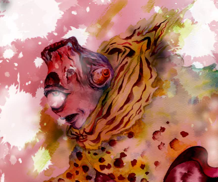 Watercolor-style 2K Quad HD PC desktop wallpaper of Jogo (Jujutsu Kaisen anime): fiery, textured portrait of the cursed spirit with a lava-like head and swirling colors.