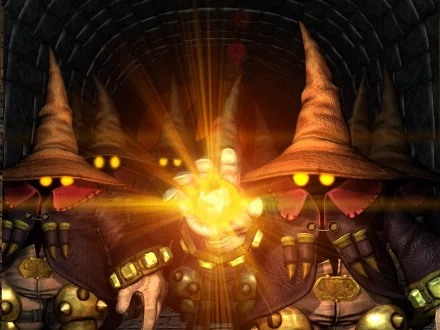 A group of sorcerers from Final Fantasy IX, adorned in iconic hats, stands in a dark tunnel, casting a glowing spell. This HD image captures the essence of the beloved video game.