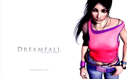 HD PC desktop wallpaper and background for the video game Dreamfall: The Longest Journey, showing protagonist Zoë Castillo in a pink top against a white backdrop.