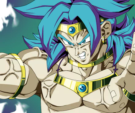 HD PC desktop wallpaper/background featuring Broly (Dragon Ball) from the Dragon Ball anime, teal hair and gold armor, snarling against an energy-charged green backdrop.
