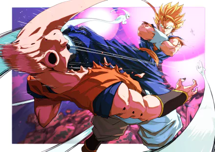 Vibrant 4K Ultra HD Dragon Ball Z wallpaper featuring Super Saiyan Vegito battling Majin Buu in an intense anime showdown.