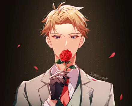 Loid Forger from Spy x Family holds a red rose to his lips, rendered in detailed anime style for a 4K Ultra HD PC desktop wallpaper.