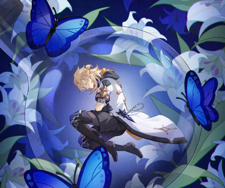 4K Ultra HD PC desktop wallpaper featuring Albedo from Genshin Impact surrounded by blue butterflies and ethereal floral elements.