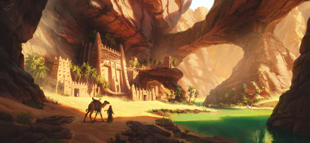 HD desktop wallpaper of a fantasy city nestled in a rocky desert canyon with a verdant oasis and camel rider.