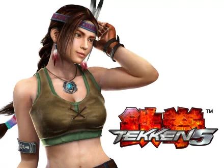 HD desktop wallpaper featuring Julia Chang from the video game Tekken 5. She is posed confidently with the Tekken 5 logo in the bottom right corner.