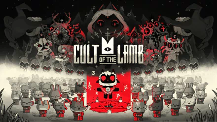 4K Ultra HD Cult of the Lamb video game wallpaper featuring the hooded lamb leader surrounded by cult members in a dark, stylized art style for PC desktop background.