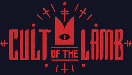 8K Ultra HD desktop wallpaper featuring the bold red Cult of the Lamb logo with mystical symbols on a dark background, inspired by the video game.