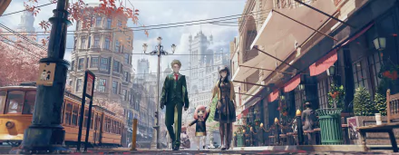HD desktop wallpaper featuring Yor Forger, Loid Forger, and Anya Forger from the anime Spy x Family walking through a picturesque cityscape with beautiful architecture and a cafe-lined street.