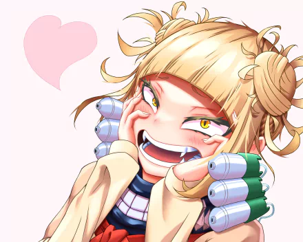 HD PC desktop wallpaper of Himiko Toga from My Hero Academia, showcasing her mischievous smile and distinctive blonde hair with hair rollers.