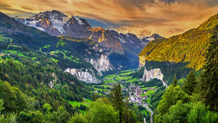 Lush Lauterbrunnen valley in the Alps under a glowing sunset, captured in stunning detail for an 8K Ultra HD desktop wallpaper and background.