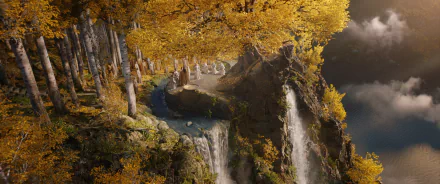 HD desktop wallpaper featuring a golden forest and cascading waterfalls from the TV show The Lord of the Rings: The Rings of Power.