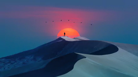 Artistic 4K Ultra HD desert wallpaper showcasing a lone figure on a sand dune at sunrise with birds flying against a vibrant sky backdrop.