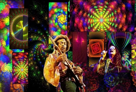 A vibrant HD desktop wallpaper featuring abstract spirals and colors, showcasing iconic musicians from the Smashing Pumpkins, blending music and artistic creativity.