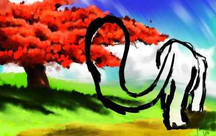 Artistic fantasy drawing of a roaming spirit tiger beneath a vibrant red tree, designed as an HD PC desktop wallpaper and background.
