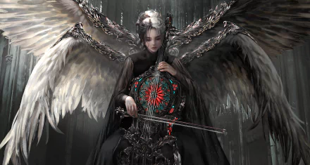 A dark fantasy angel with large white wings plays an intricate cello, set against a moody, detailed background. 4K Ultra HD PC desktop wallpaper.