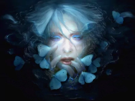 A fantasy dark-themed HD desktop wallpaper featuring an ethereal figure with pale hair and blue butterflies surrounding their face.
