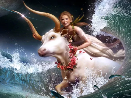 Fantasy HD desktop wallpaper depicting a woman riding a majestic white bull adorned with flowers, surrounded by splashing waves and a magical atmosphere.