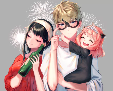 HD desktop wallpaper of Anya, Yor, and Loid Forger from the anime Spy x Family, showcasing the family in a playful and vibrant style.